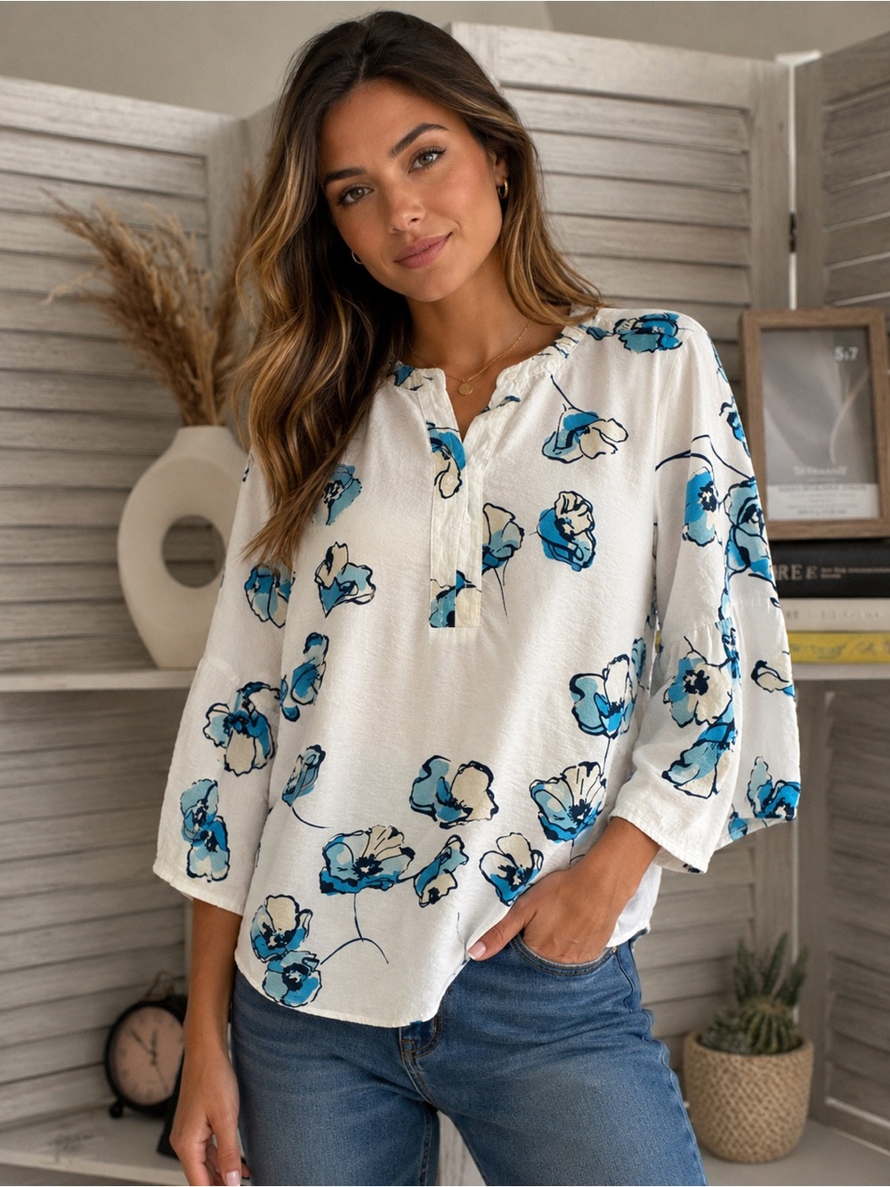 Van Heusen White Popover Tunic with Blue Floral Print80%rayon